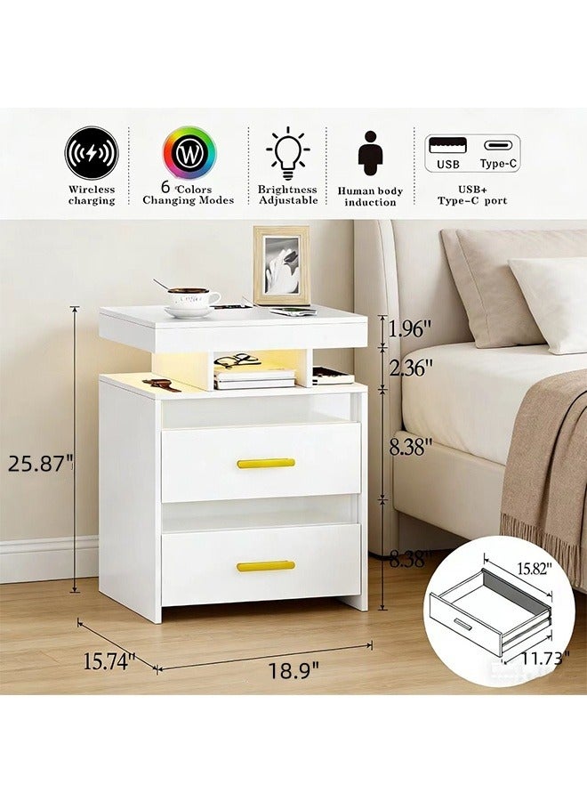 JCB CHIC Modern Smart Nightstand with Wireless Charging，Bedside Table with RGB Light & Human Sensor Design，2 Drawers LED Modern End Side Table for Bedroom Office - Image 2